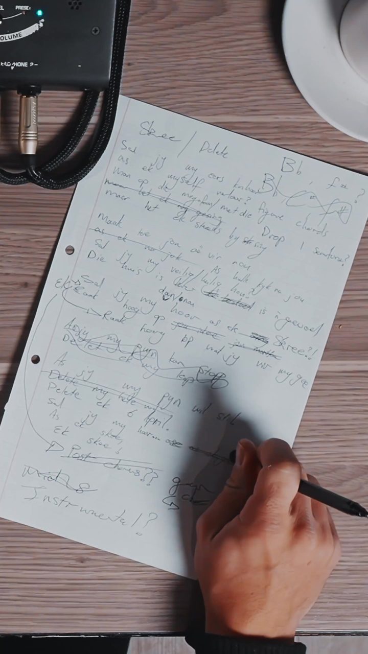 Handwritten lyric sheet in the studio