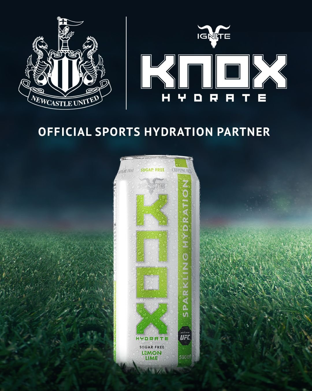 Announcement post: Newcastle United crest and KNOX Hydrate logo above a lemon-lime can on a pitch, reading Official Sports Hydration Partner