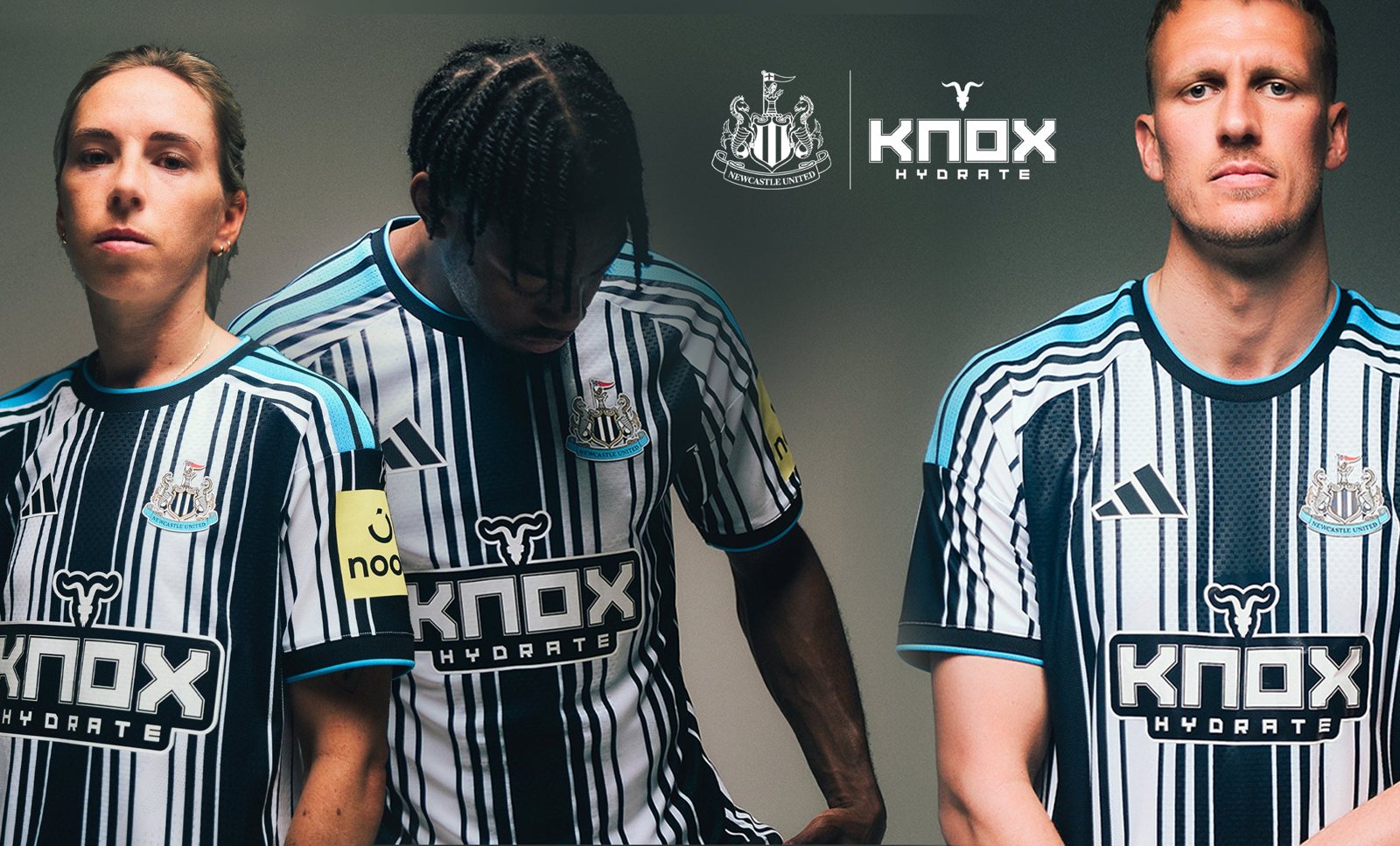 Three Newcastle United players in black-and-white striped shirts with the KNOX Hydrate logo on the front