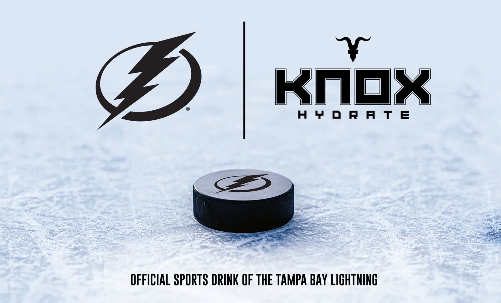 Tampa Bay Lightning and KNOX Hydrate logos above a puck on ice: Official sports drink of the Tampa Bay Lightning