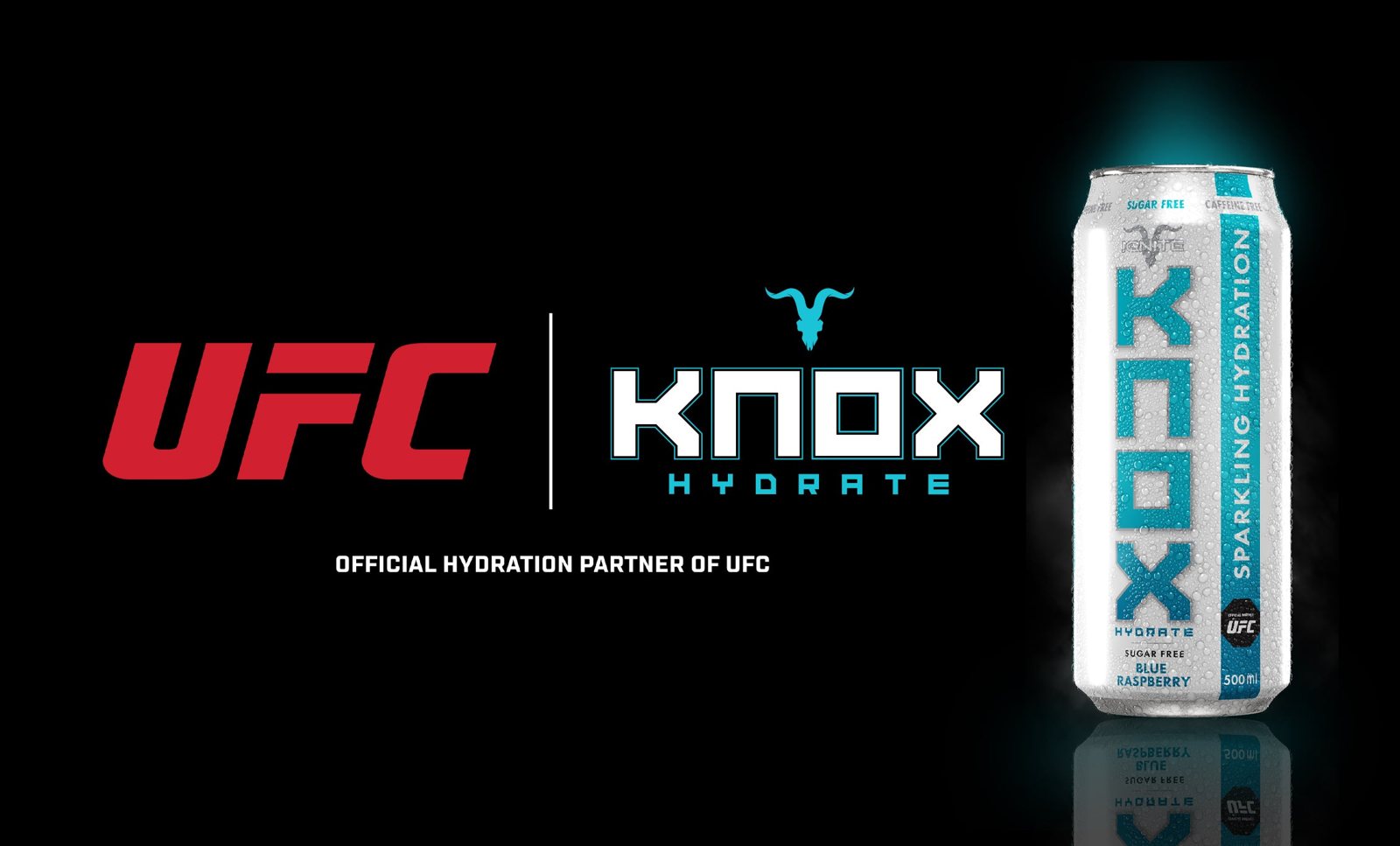 UFC and KNOX Hydrate logos beside a blue raspberry can: Official hydration partner of UFC